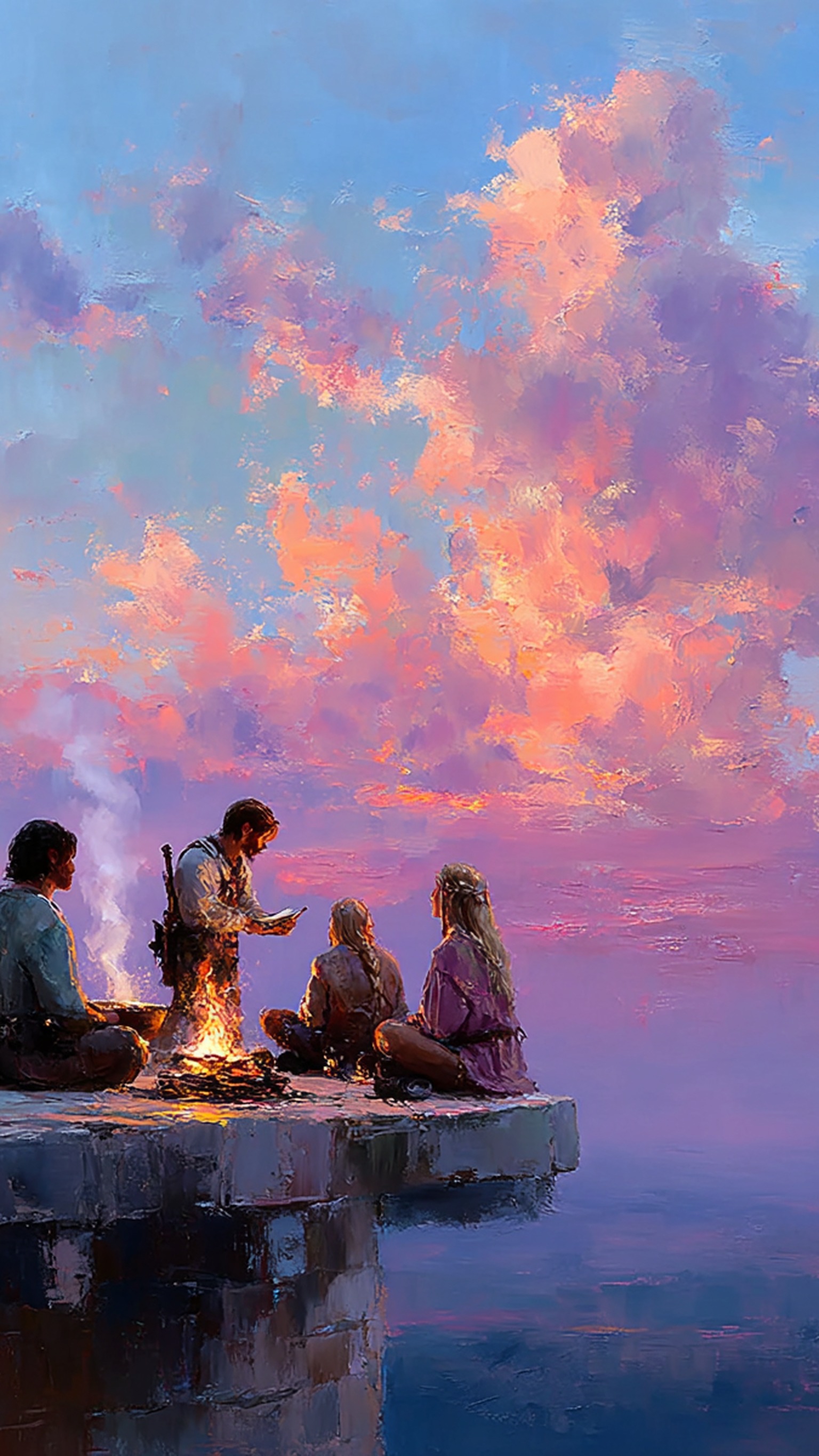 Sunset Campfire by Lake, Textured Sky Painting, sunset, campfire, painting, textured, impasto, lake