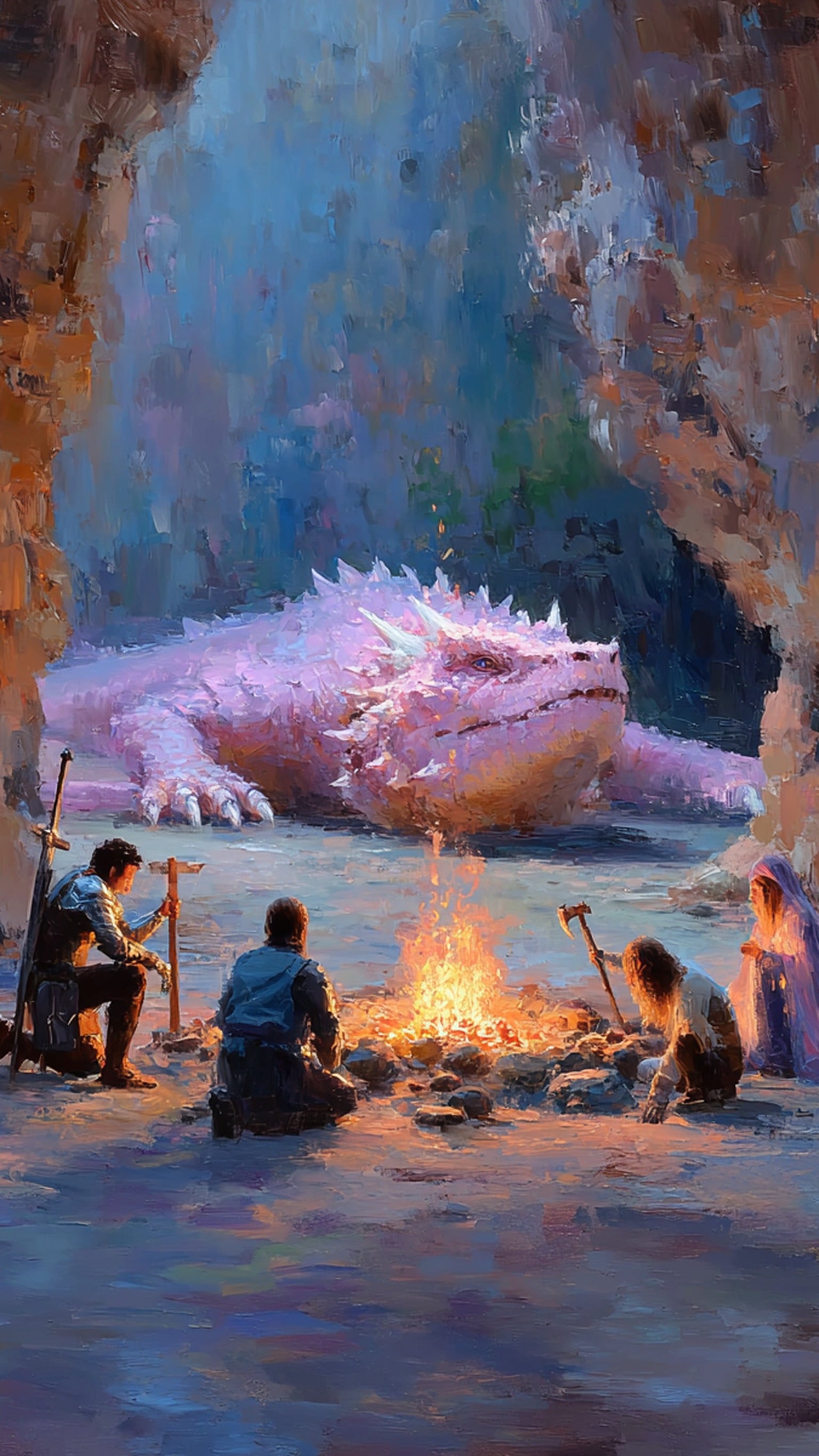 Cave Campfire with Sleeping Pink Dragon Art, fantasy art, dragon, campfire, cave, pink dragon, adventurers