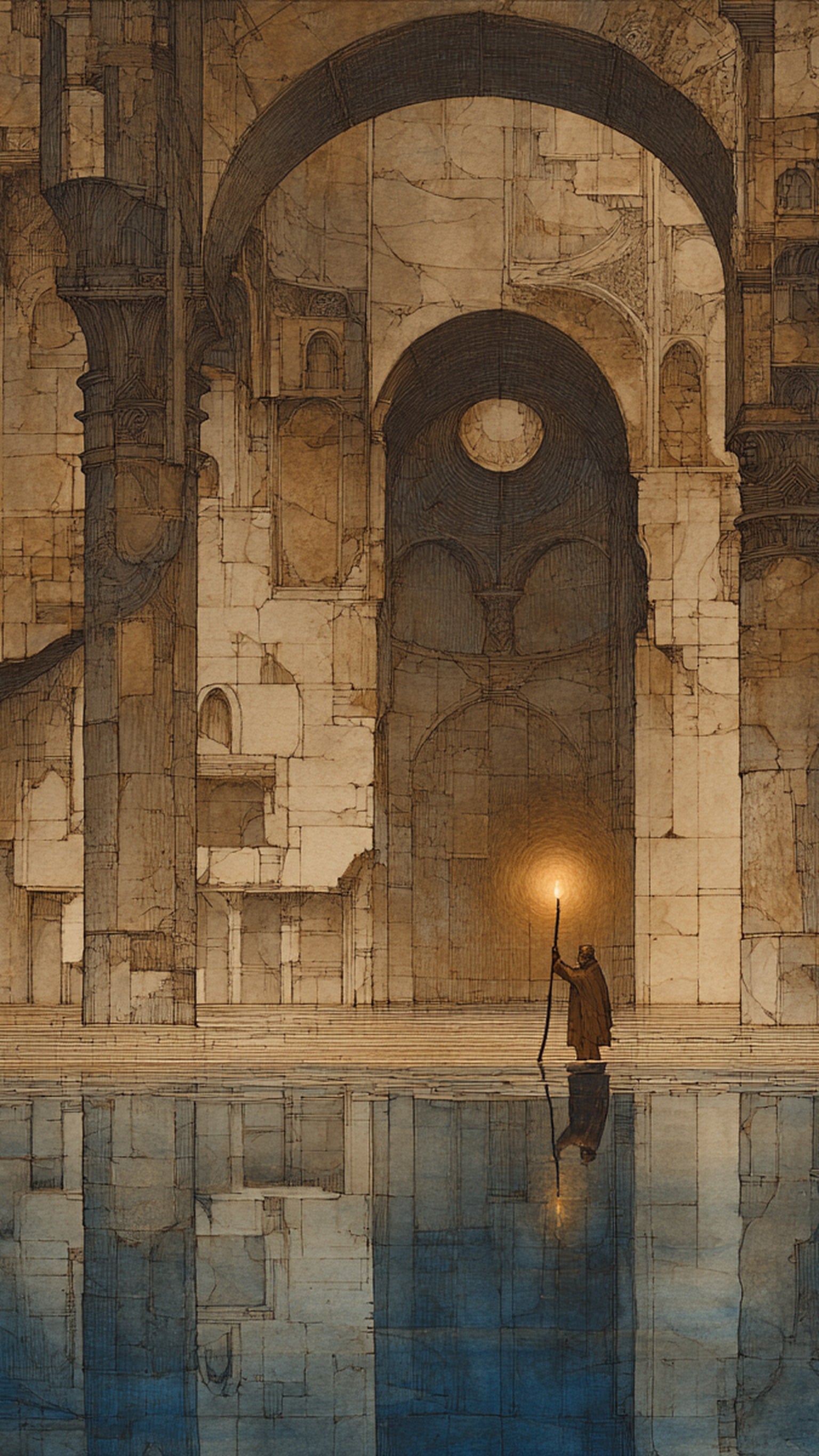 Lone Figure in Flooded Ancient Hallway Blueprint, ancient ruins, fantasy art, mysterious, old architecture, blueprint style, glowing staff