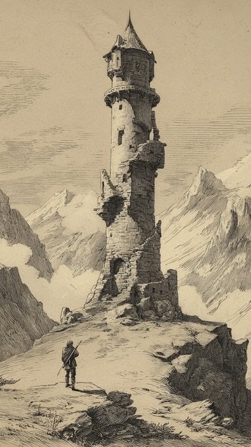 Lone Traveler at Ancient Mountain Tower Engraving