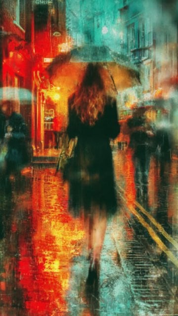 Abstract Rainy City Night Walk Teal Red