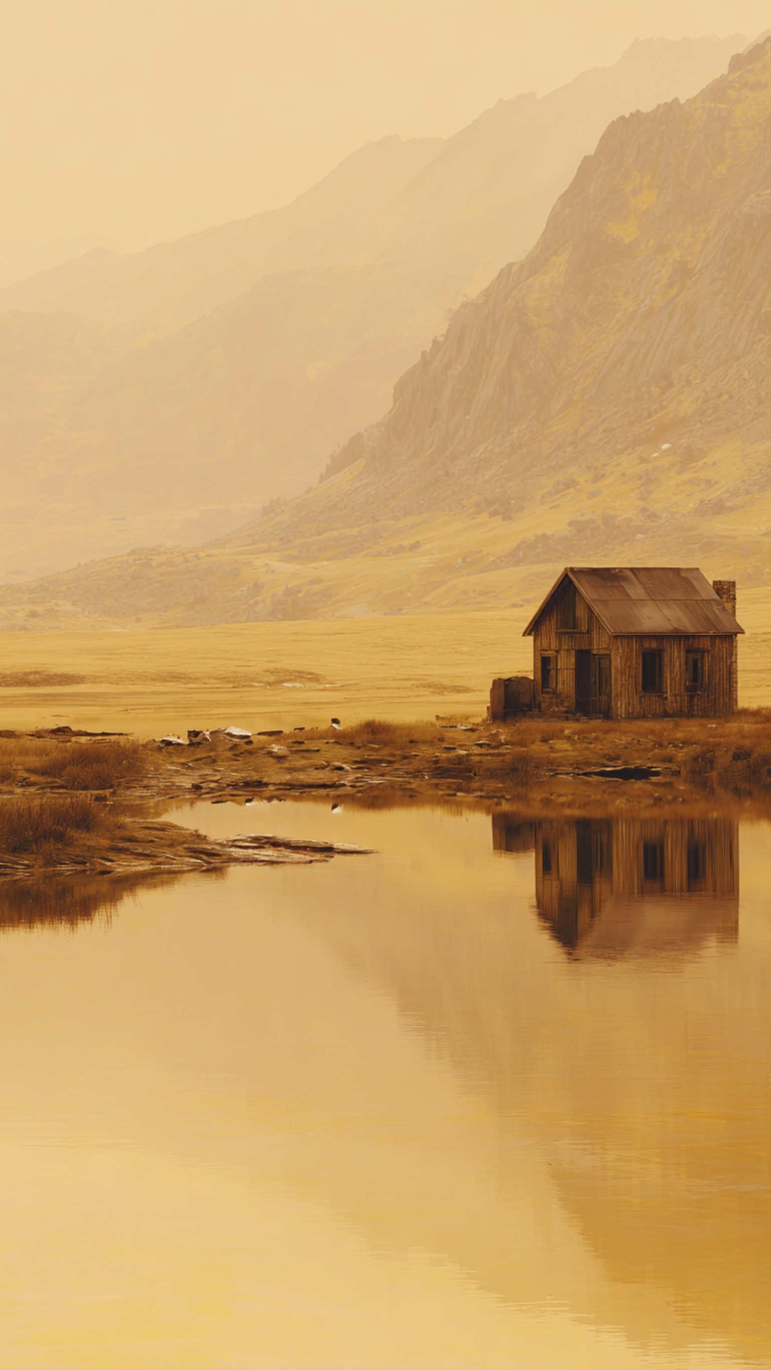 Misty Mountain Lake Cabin Golden Hour, mountain lake, cabin, golden hour, misty landscape, monochromatic, nature