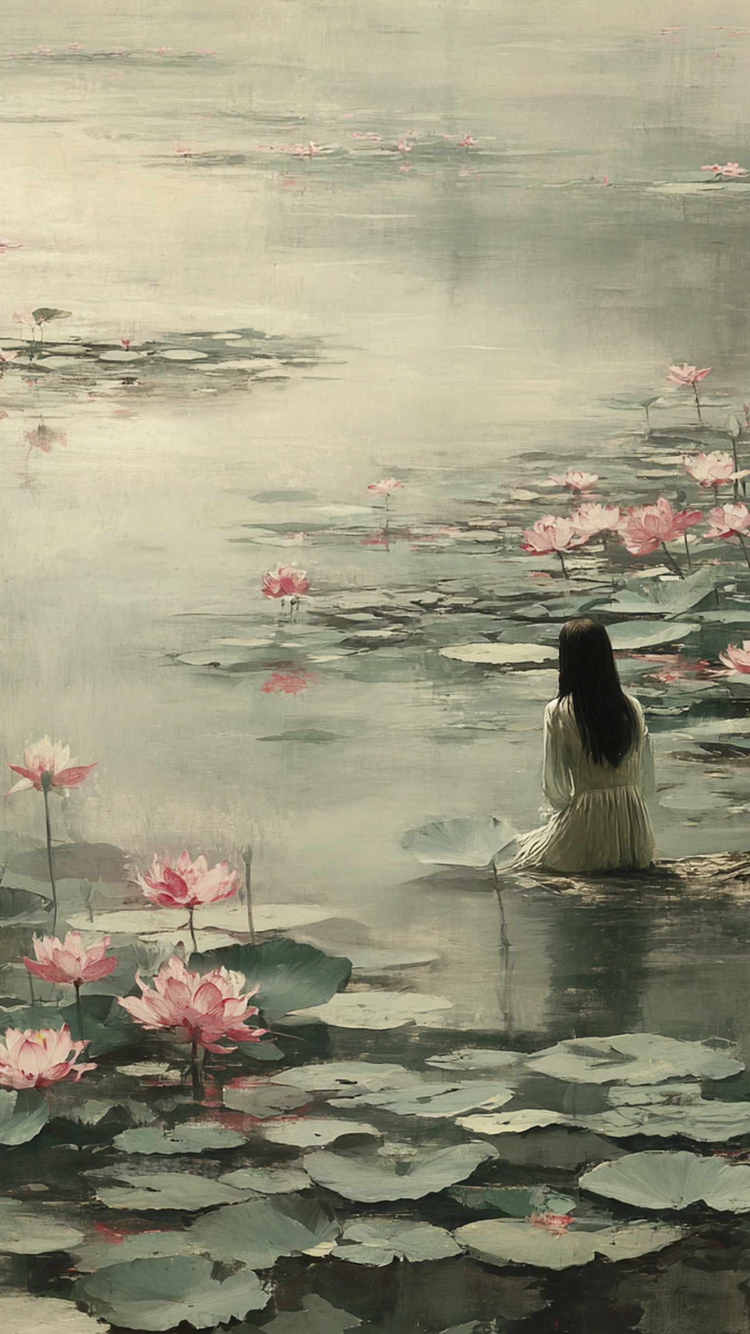 Woman in Lotus Pond Art Nouveau Wallpaper, lotus pond, woman, serene, calm, floral, art nouveau