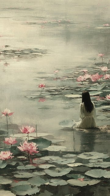 Woman in Lotus Pond Art Nouveau Wallpaper