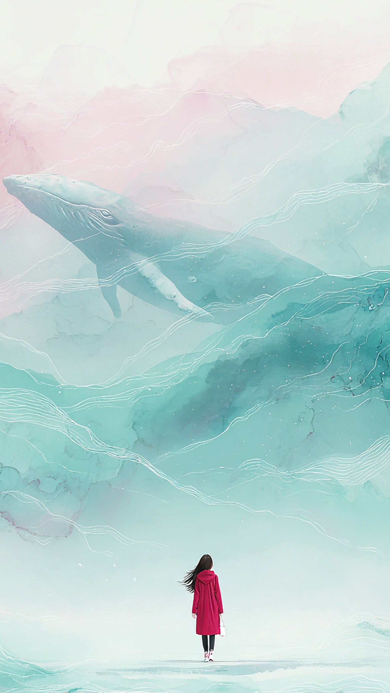 Dreamy Whale and Girl in Misty Teal Pink, whale, girl, dreamy, fantasy, abstract, watercolor