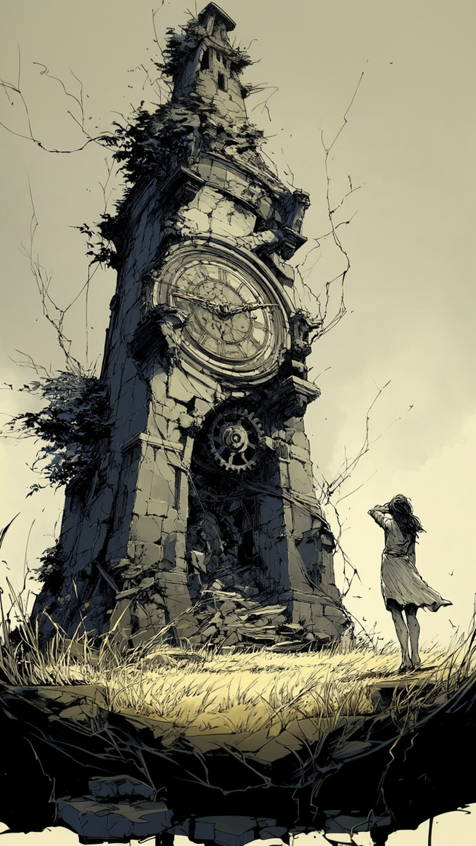 Woman at Ancient Clock Tower Ruins, clock tower, ruins, fantasy, woman, overgrown, post-apocalyptic
