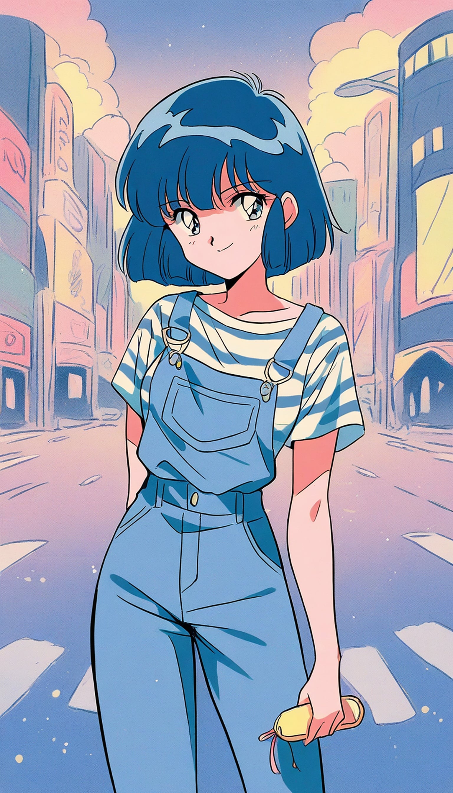 Anime Girl in Overalls City Street Aesthetic, anime girl, city street, overalls, 80s anime, 90s anime, pastel aesthetic
