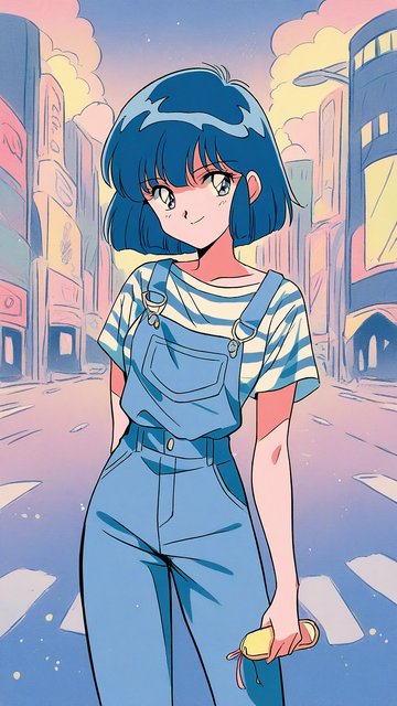 Anime Girl in Overalls City Street Aesthetic