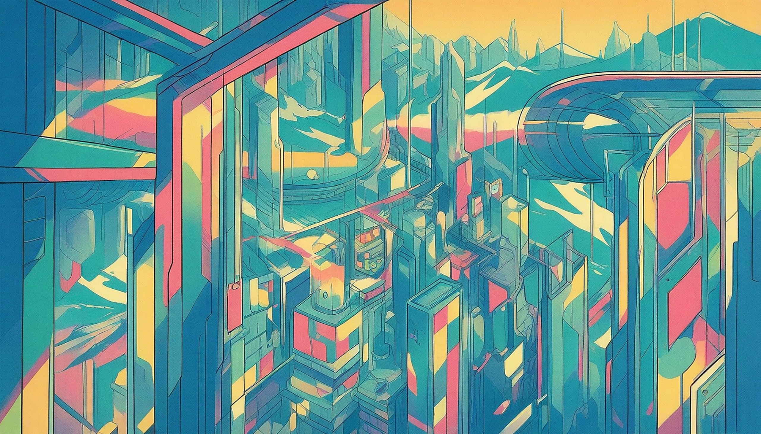 Futuristic City Landscape Abstract Vaporwave Wallpaper, futuristic city, abstract architecture, vaporwave, retrowave, cyberpunk, geometric