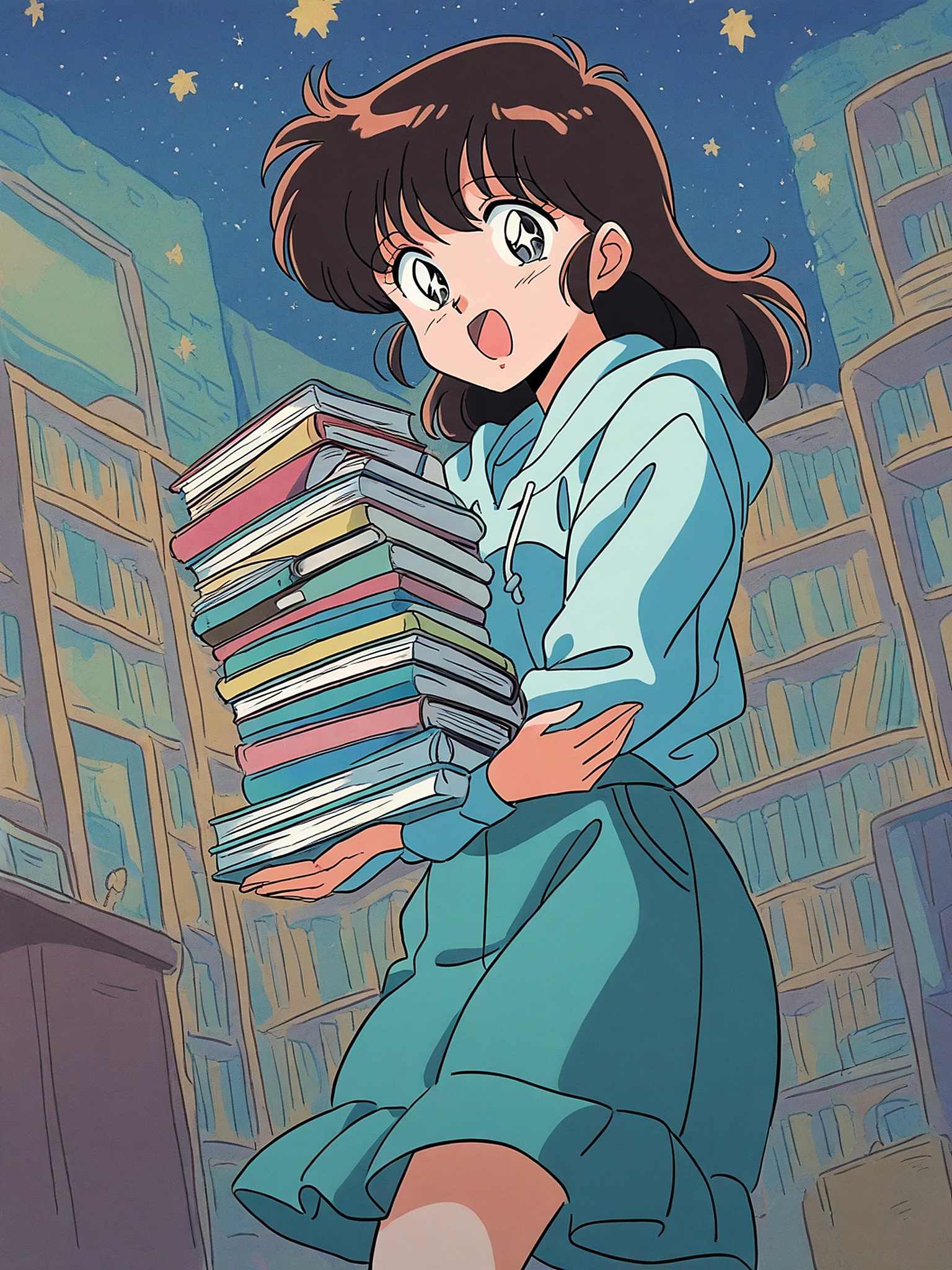 Anime Girl with Books in Library Night Sky, anime girl, library, books, night sky, stars, blue