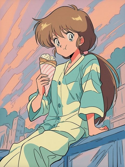 Anime Girl Eating Crepe at Sunset City View