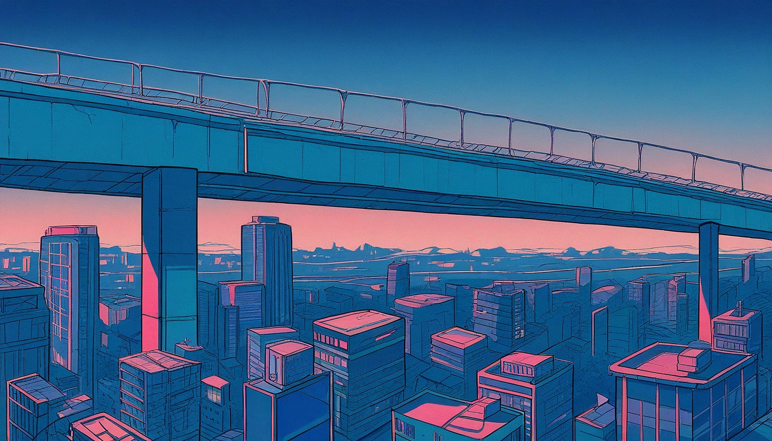 Vibrant Neon Cityscape Overpass Sunset, cityscape, overpass, urban, sunset, twilight, neon