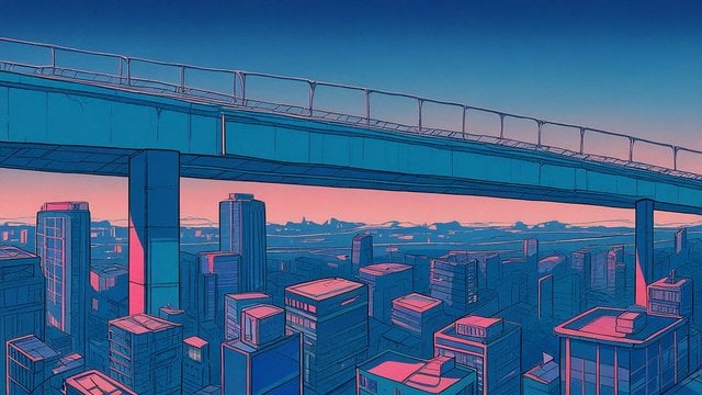 Vibrant Neon Cityscape Overpass Sunset