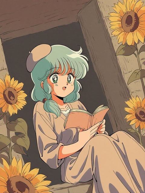 Anime Girl Reading with Sunflowers Wallpaper