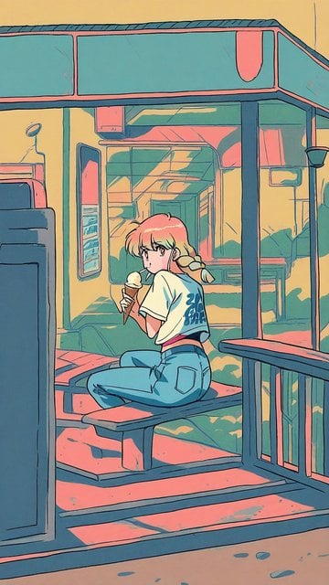 Anime Girl Eating Ice Cream at Cafe Sunset