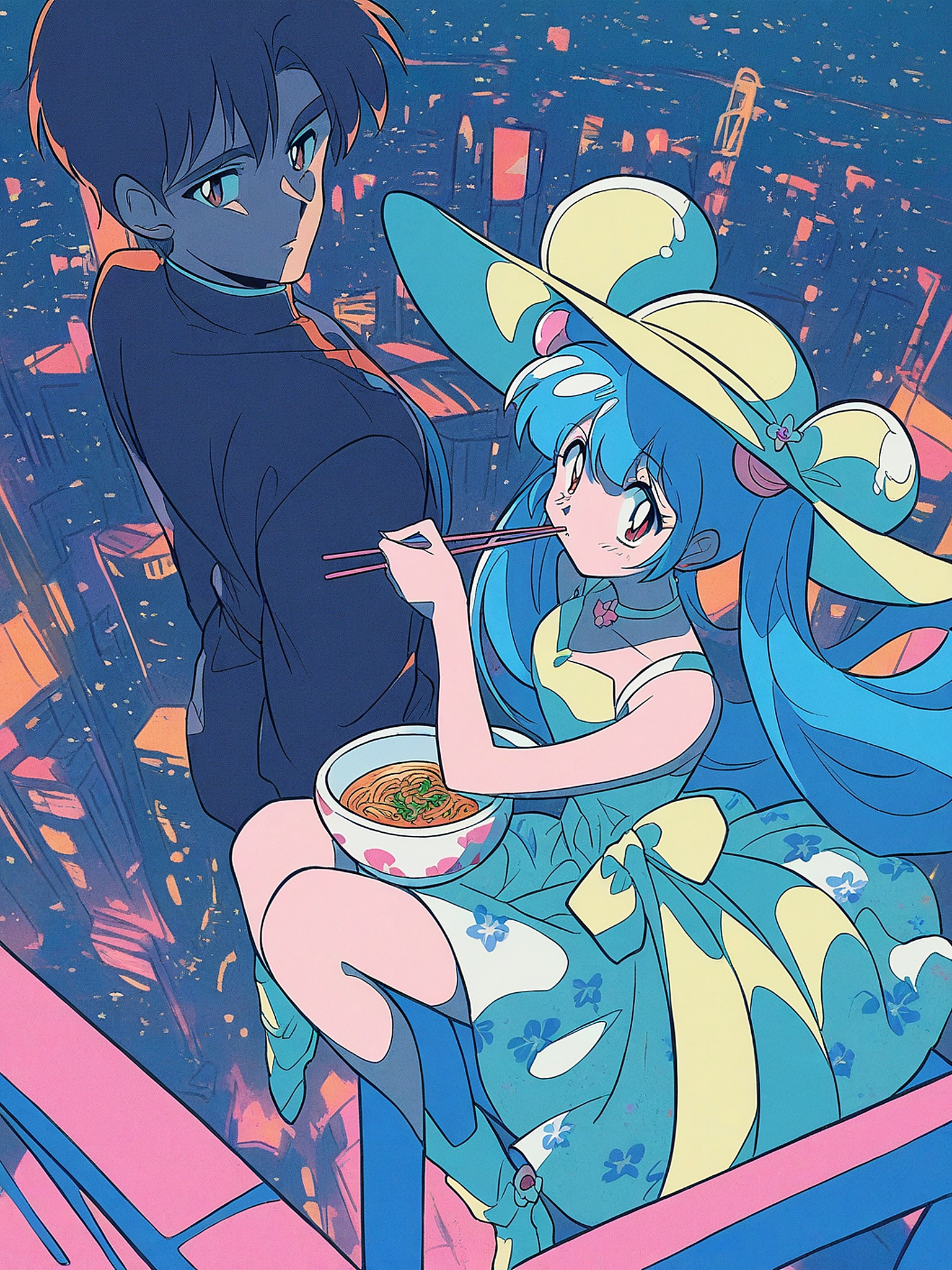 Anime Couple City Night Ramen - Cyan & Orange, anime, manga, city night, couple, ramen, retro anime