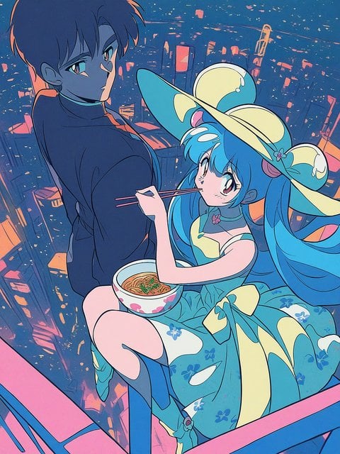 Anime Couple City Night Ramen - Cyan & Orange