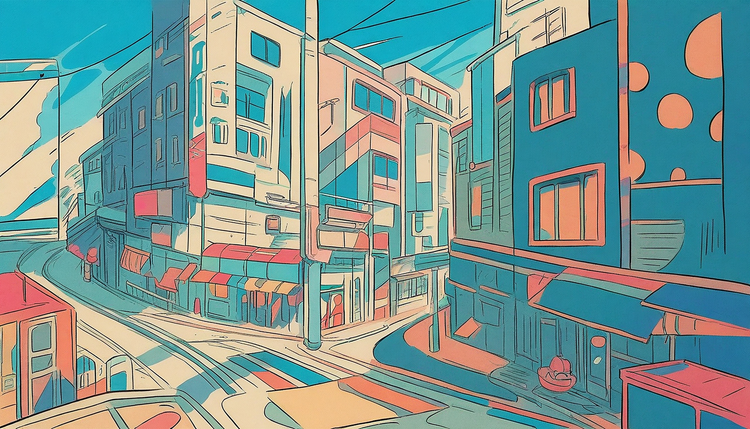 Anime City Street Corner Day Art, anime city, cityscape, urban street, cartoon art, vibrant colors, cyan