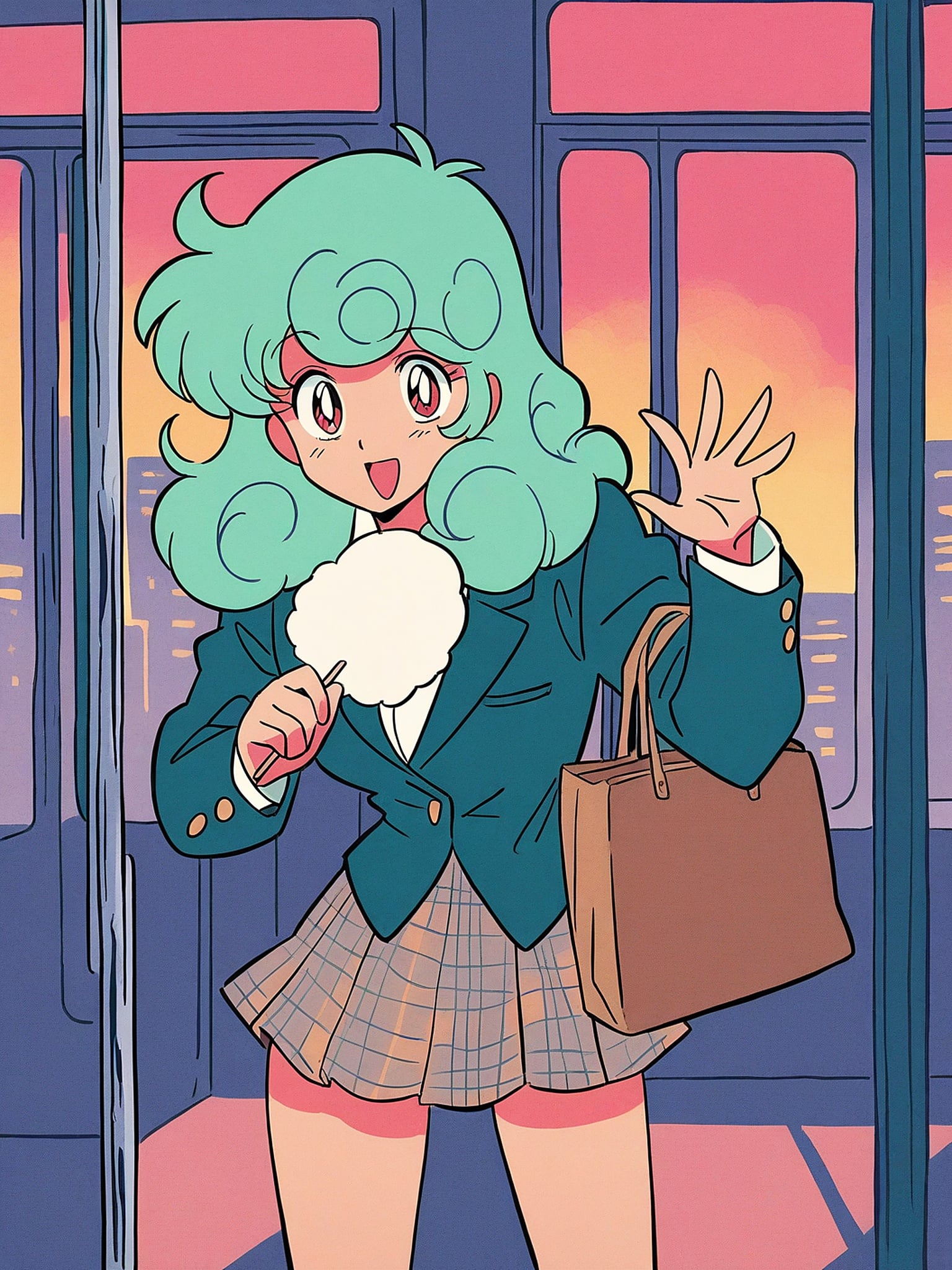 Anime Girl Sunset Cityscape Wallpaper, anime girl, retro anime, sunset, cityscape, cotton candy, school uniform