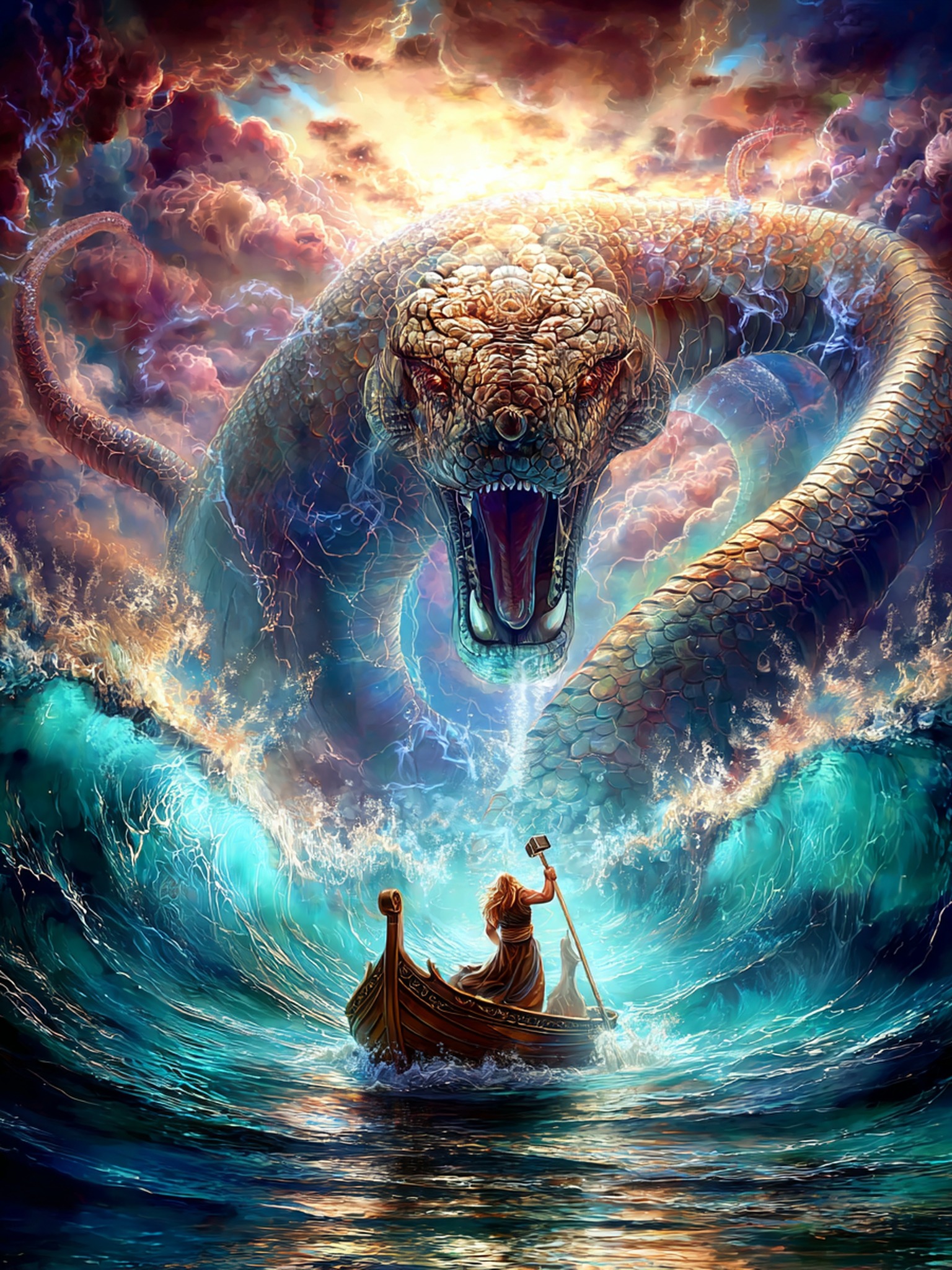 Thor vs Jörmungandr Norse Mythology Epic Art, thor, jormungandr, norse mythology, epic fantasy, sea serpent, mythical beast