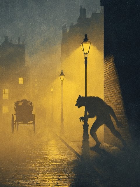 Werewolf in Foggy Victorian Street Wallpaper