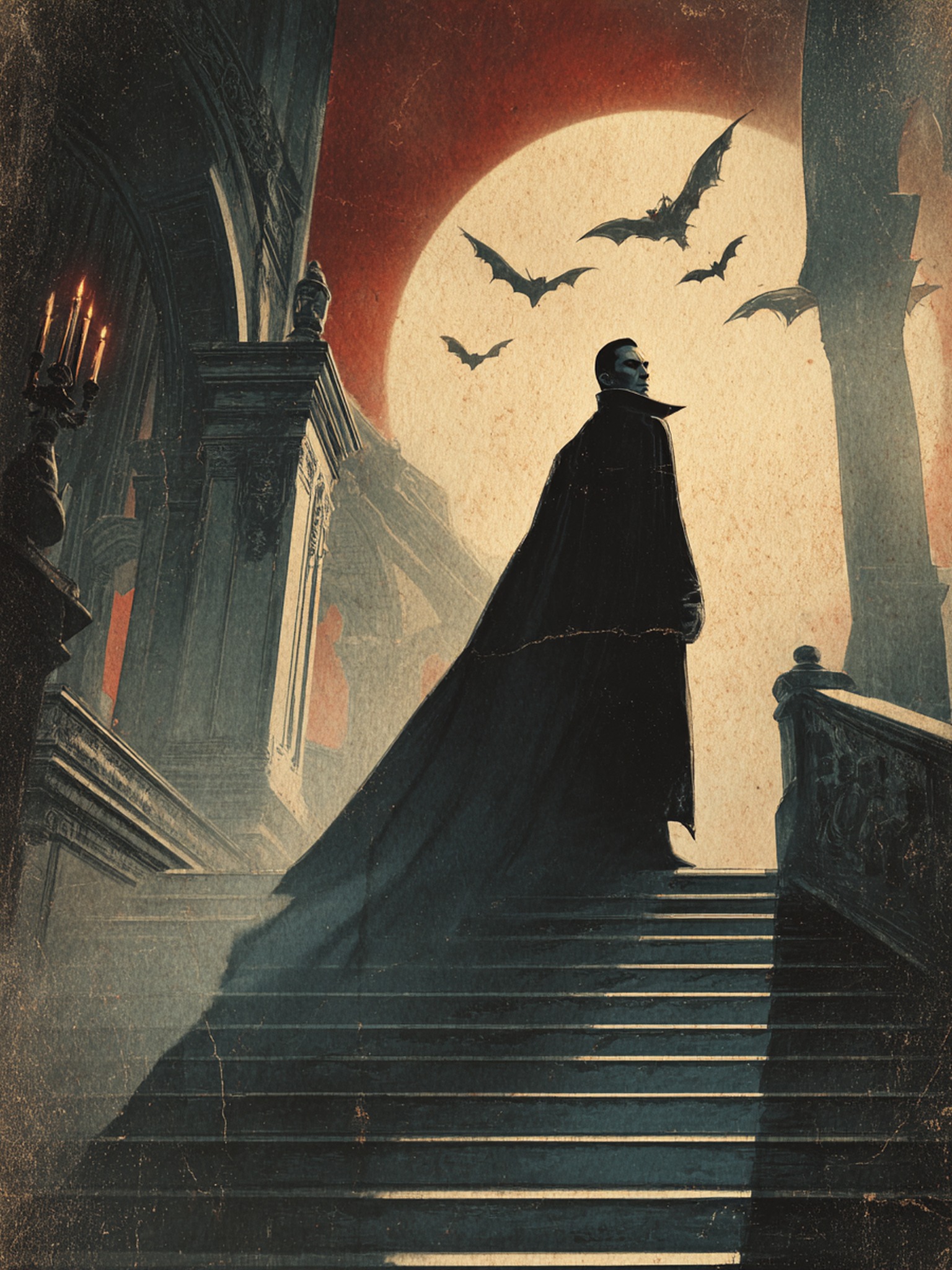 Dracula on Grand Staircase, Full Moon Bats, dracula, vampire, gothic, castle, bats, full moon