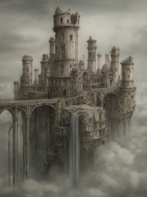 Fantasy Floating Castle City with Waterfall