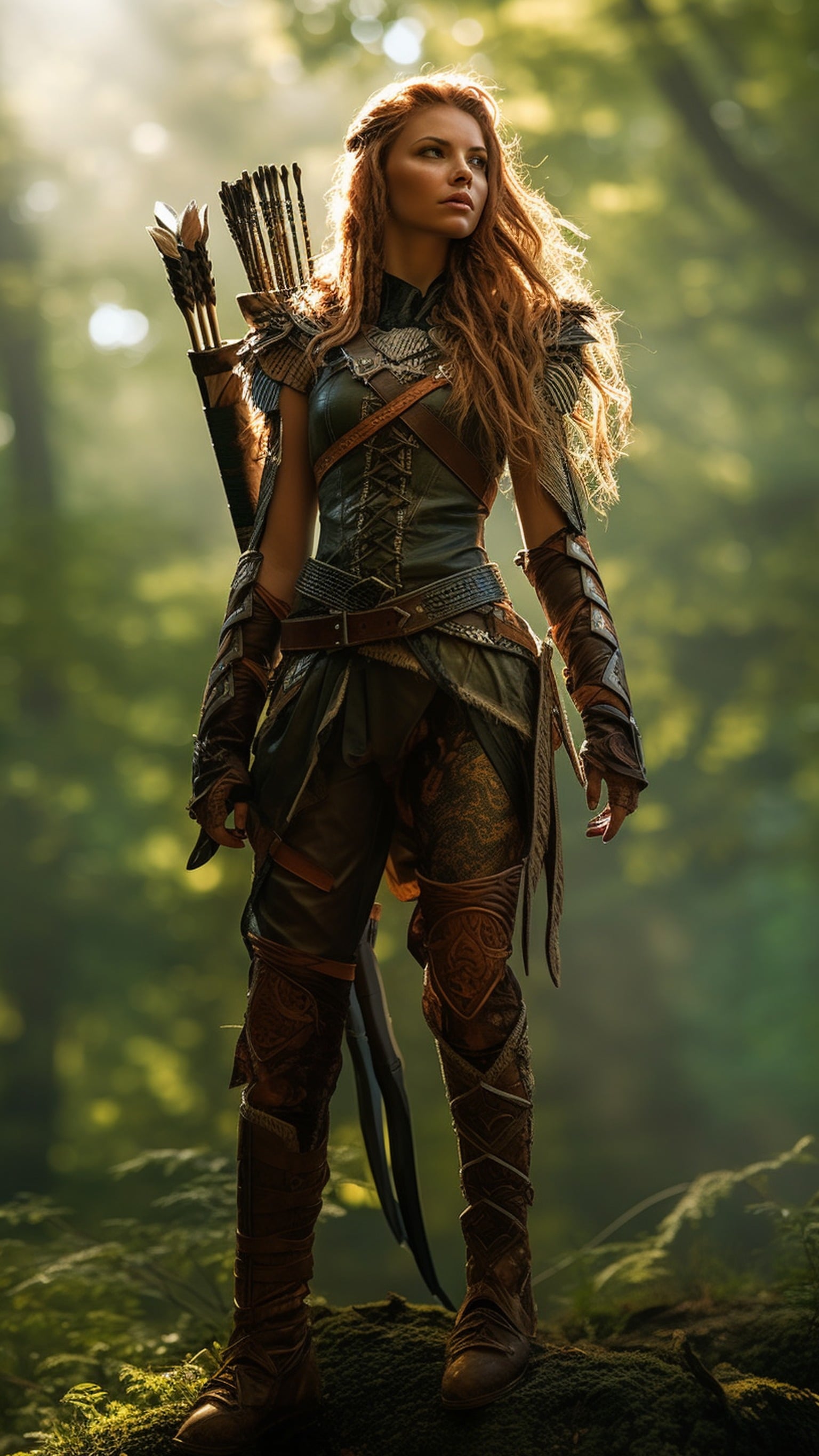 Fantasy Huntress in Sunlit Forest, fantasy, huntress, archer, forest, sunlit, redhead