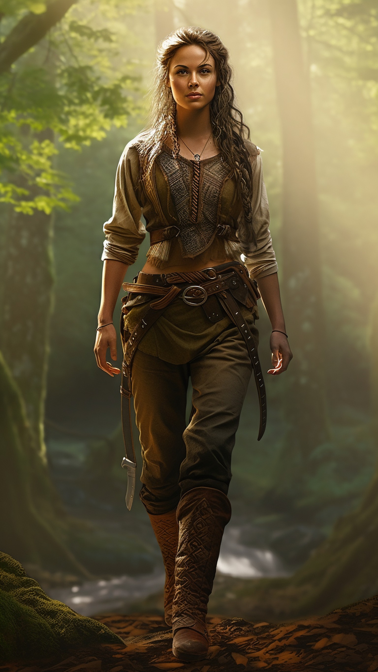 Fantasy Warrior Woman in Sunlit Forest Wallpaper, fantasy, warrior woman, forest, nature, adventure, mystical