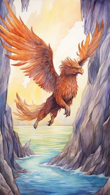 Phoenix Flying in Watercolor Cave Landscape