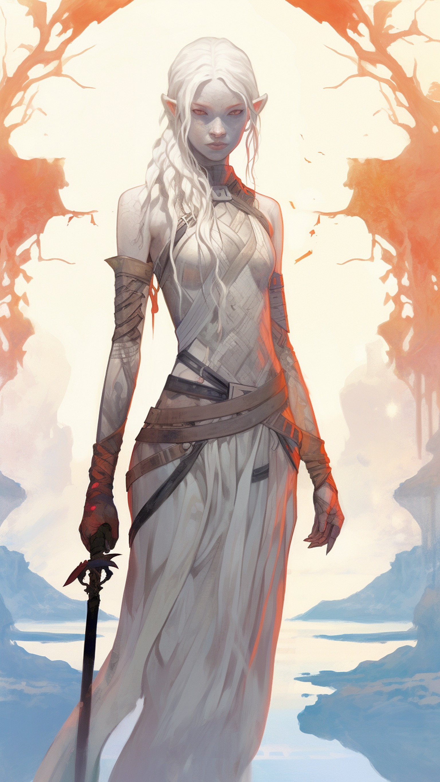 White Haired Elf Warrior with Sword Fantasy Art, elf warrior, fantasy art, white hair, sword, ethereal, digital painting