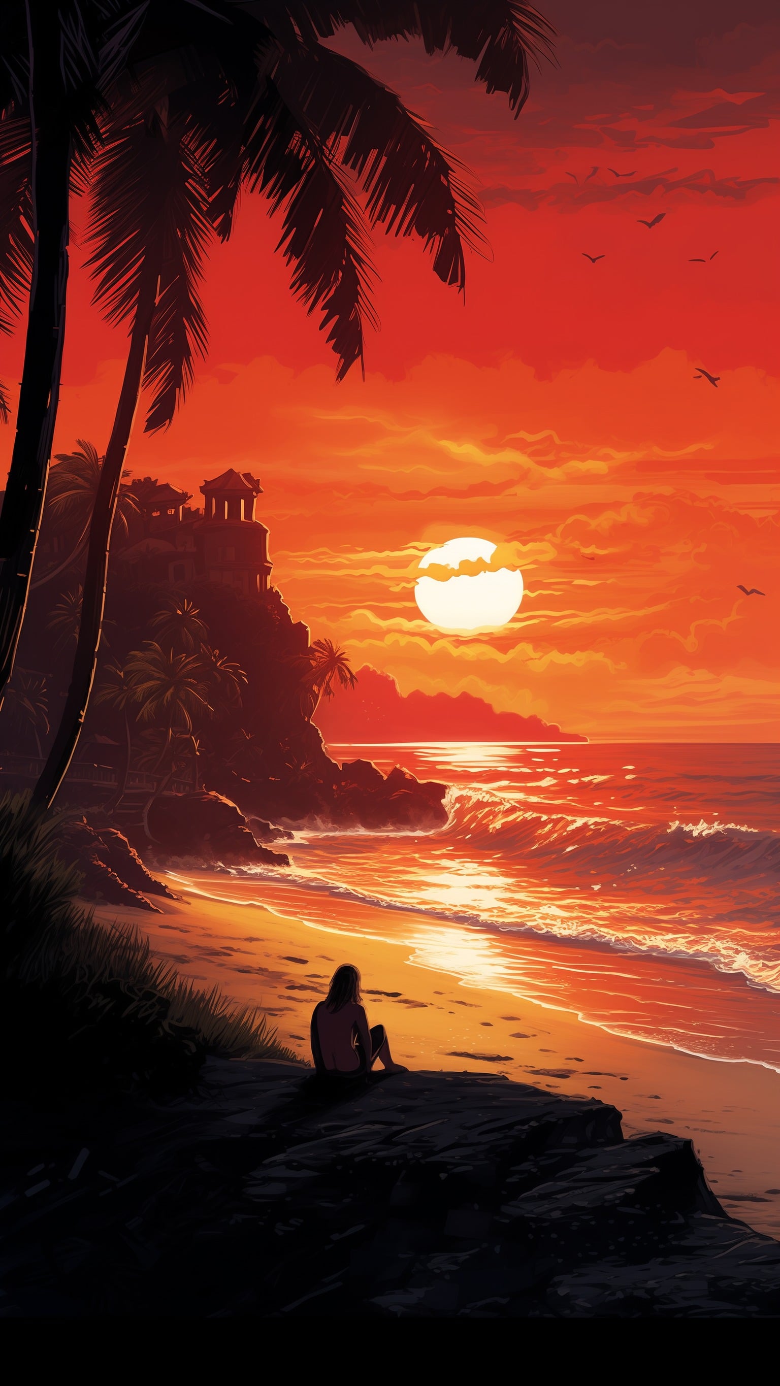 Tropical Sunset Beach Solitude Wallpaper, tropical beach, sunset, ocean, palm trees, solitude, silhouette