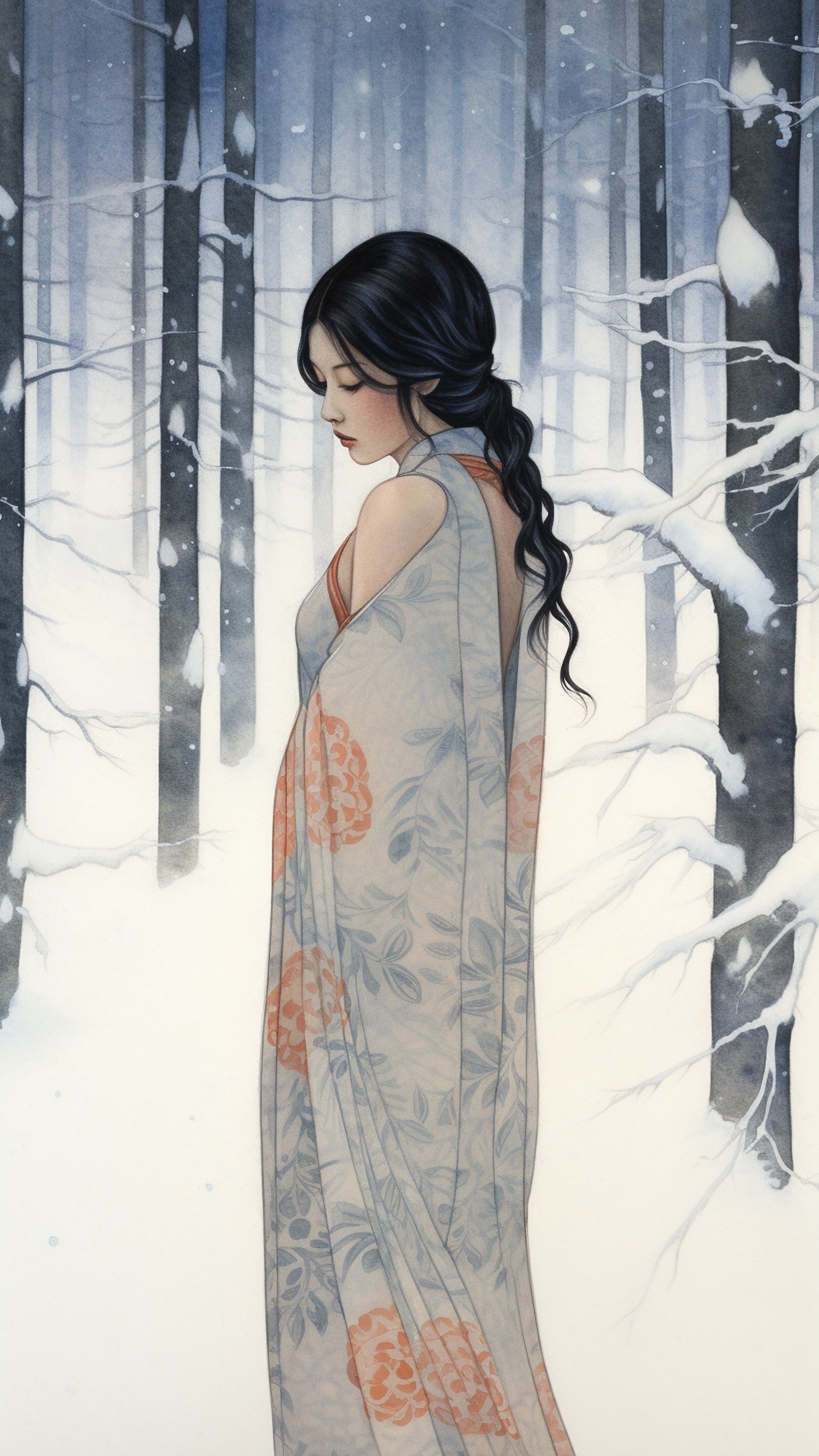 Winter Forest Kimono Woman Watercolor Wallpaper, winter forest, kimono woman, watercolor art, snowy landscape, japanese aesthetic, calm wallpaper