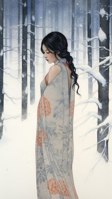 Winter Forest Kimono Woman Watercolor Wallpaper