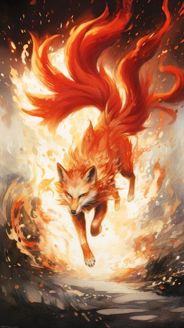 Fiery Nine-Tailed Fox Kitsune Wallpaper