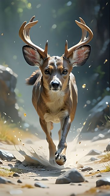 Playful Dog Deer Hybrid Running Wild in Forest Sun