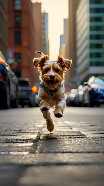 Energetic Yorkie Puppy Sprinting Urban Street Golden Hour