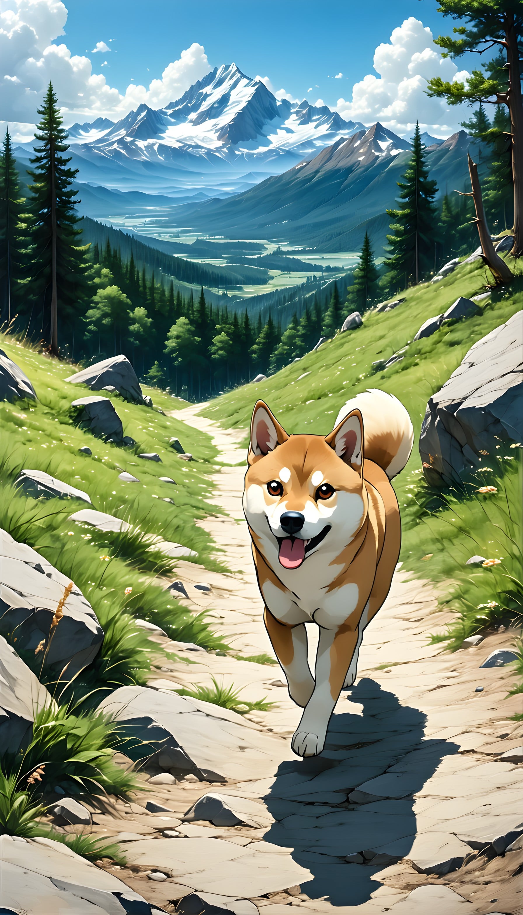 Happy Shiba Inu Mountain Trail Wallpaper, shiba inu, dog, mountain landscape, nature path, green hills, blue sky