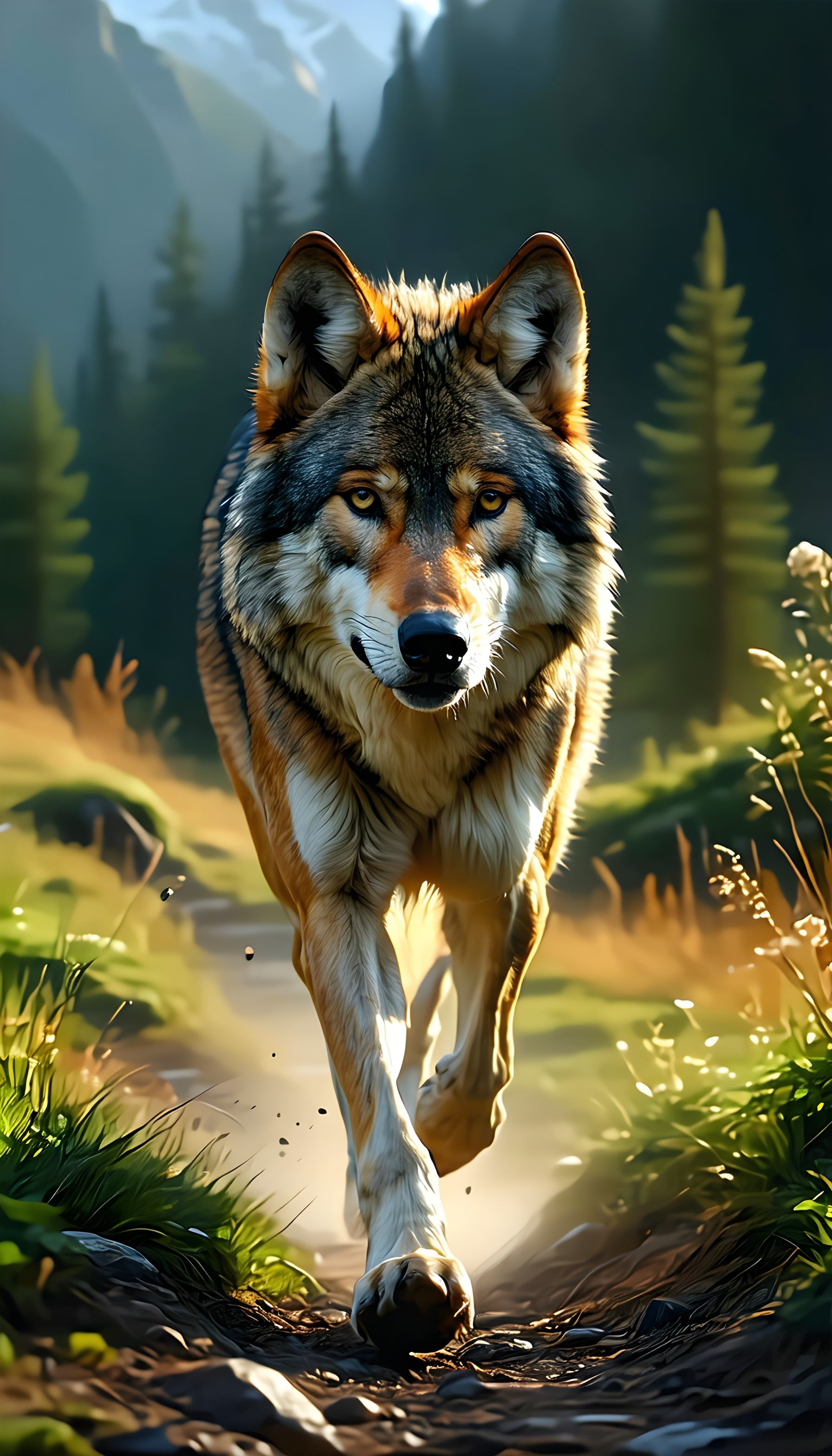 Majestic Wolf Forest Path Phone Wallpaper, wolf, wildlife, forest, nature, majestic, animal