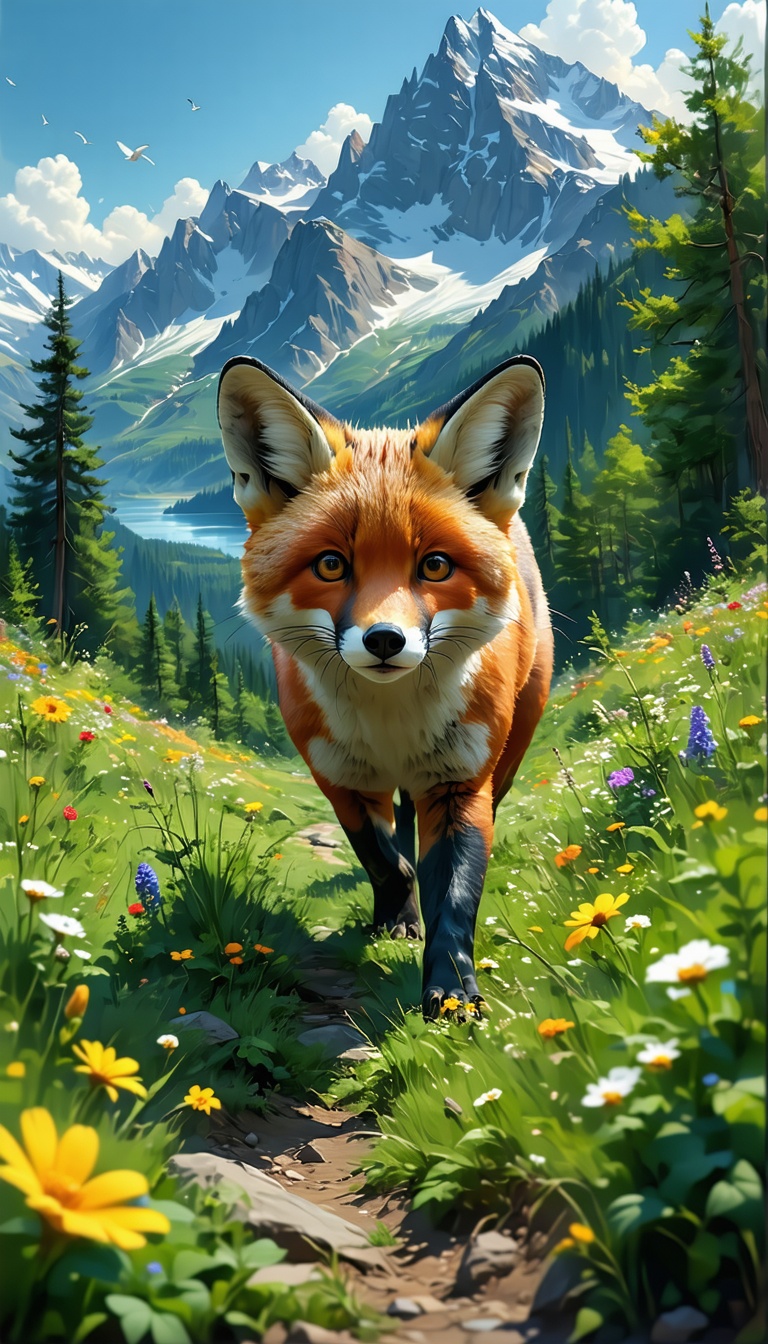 화려한 산맥을 걷는 여우, 여우, Fox, 산맥, Mountains, 야생화, Wildflowers