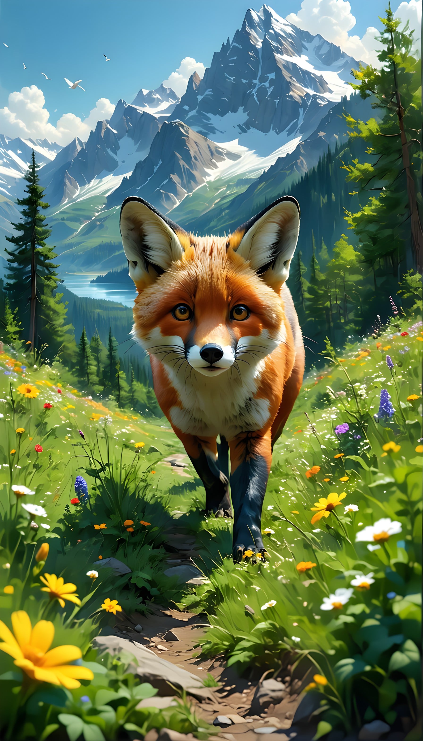 Vibrant Fox Mountain Meadow Mobile Wallpaper, fox, red fox, wildlife, mountain, meadow, nature