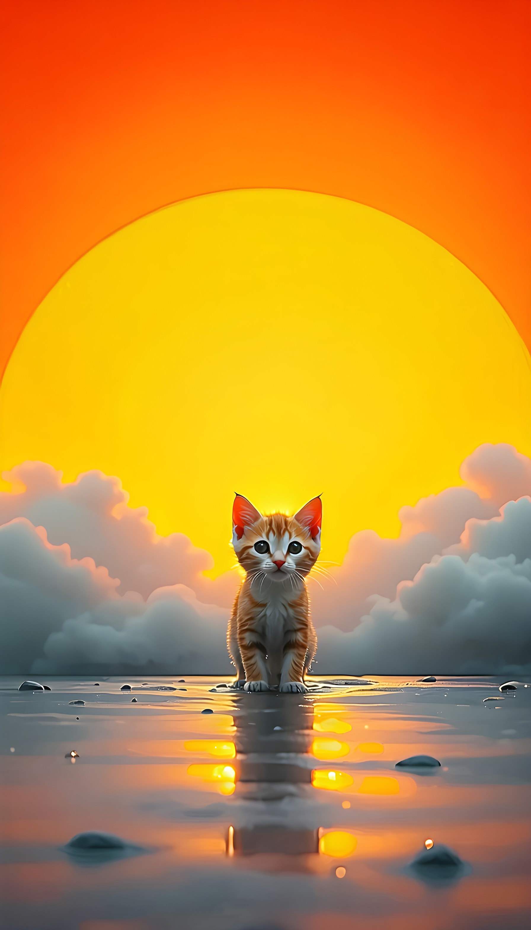 Cute Kitten Golden Sunset Reflective Wallpaper, kitten, cute, sunset, golden hour, beach, reflection