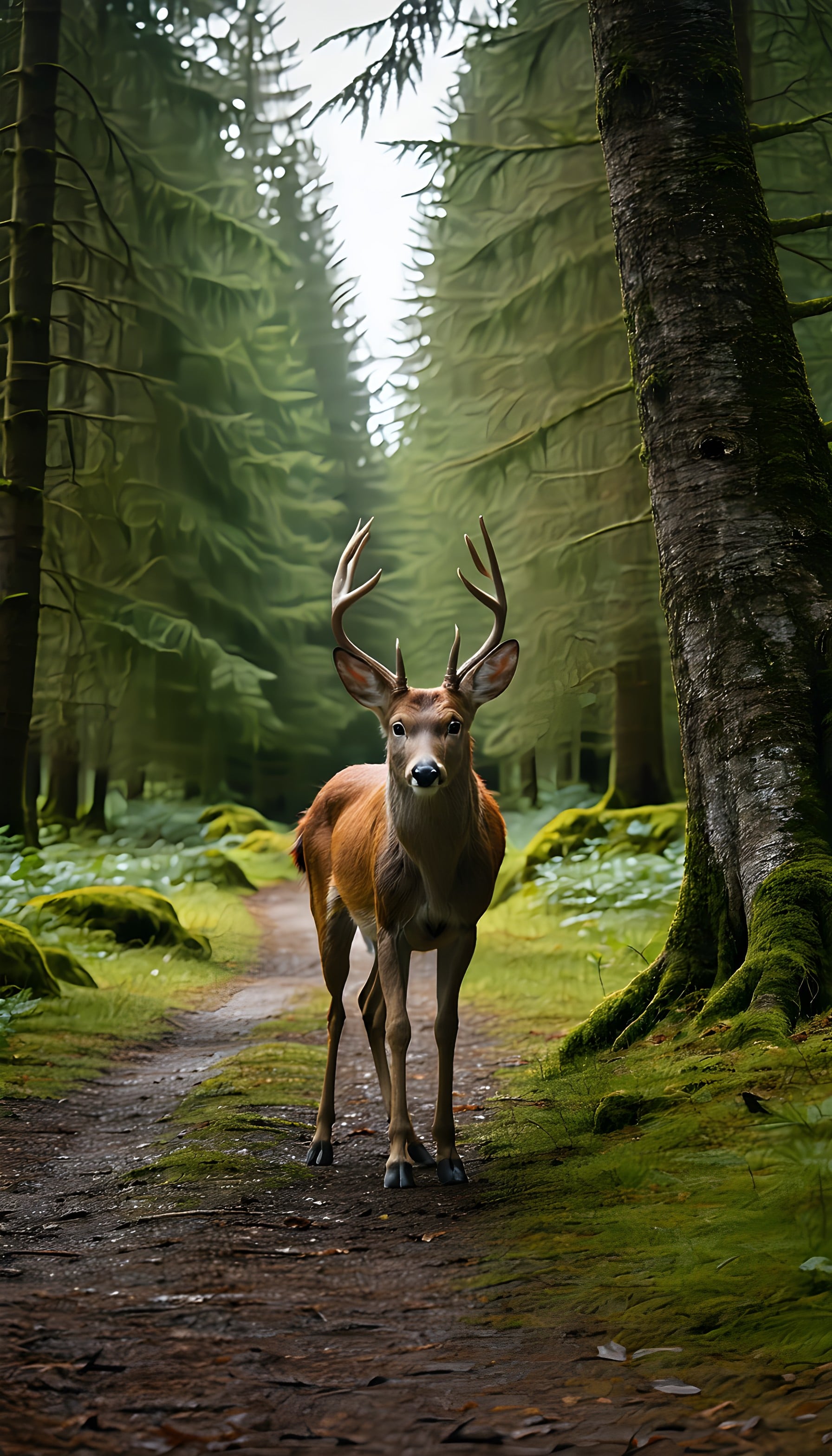 Majestic Deer on Forest Path Nature Wallpaper, deer, forest, wildlife, nature, woodland, green
