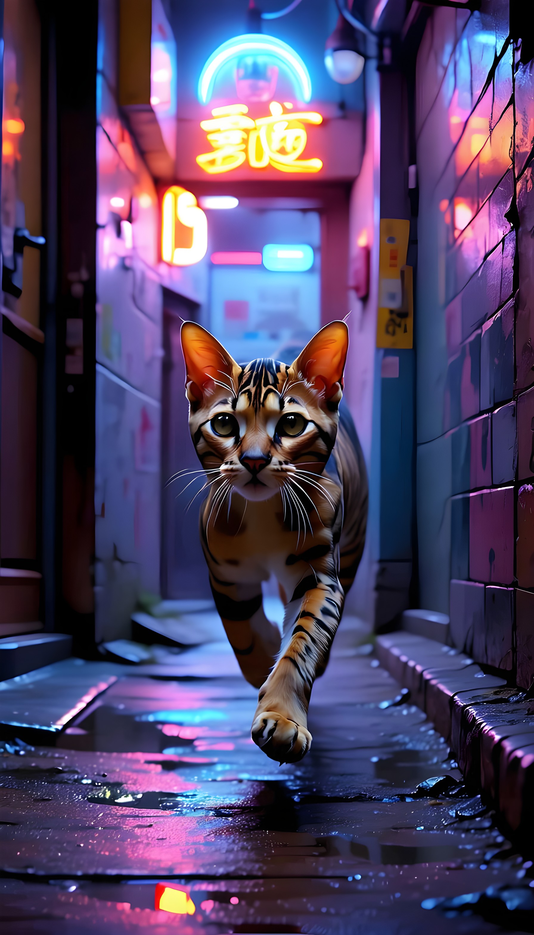 Neon Alley Cat: Cyberpunk Urban Night Mobile Wallpaper, cat, feline, cyberpunk, neon lights, urban alley, night