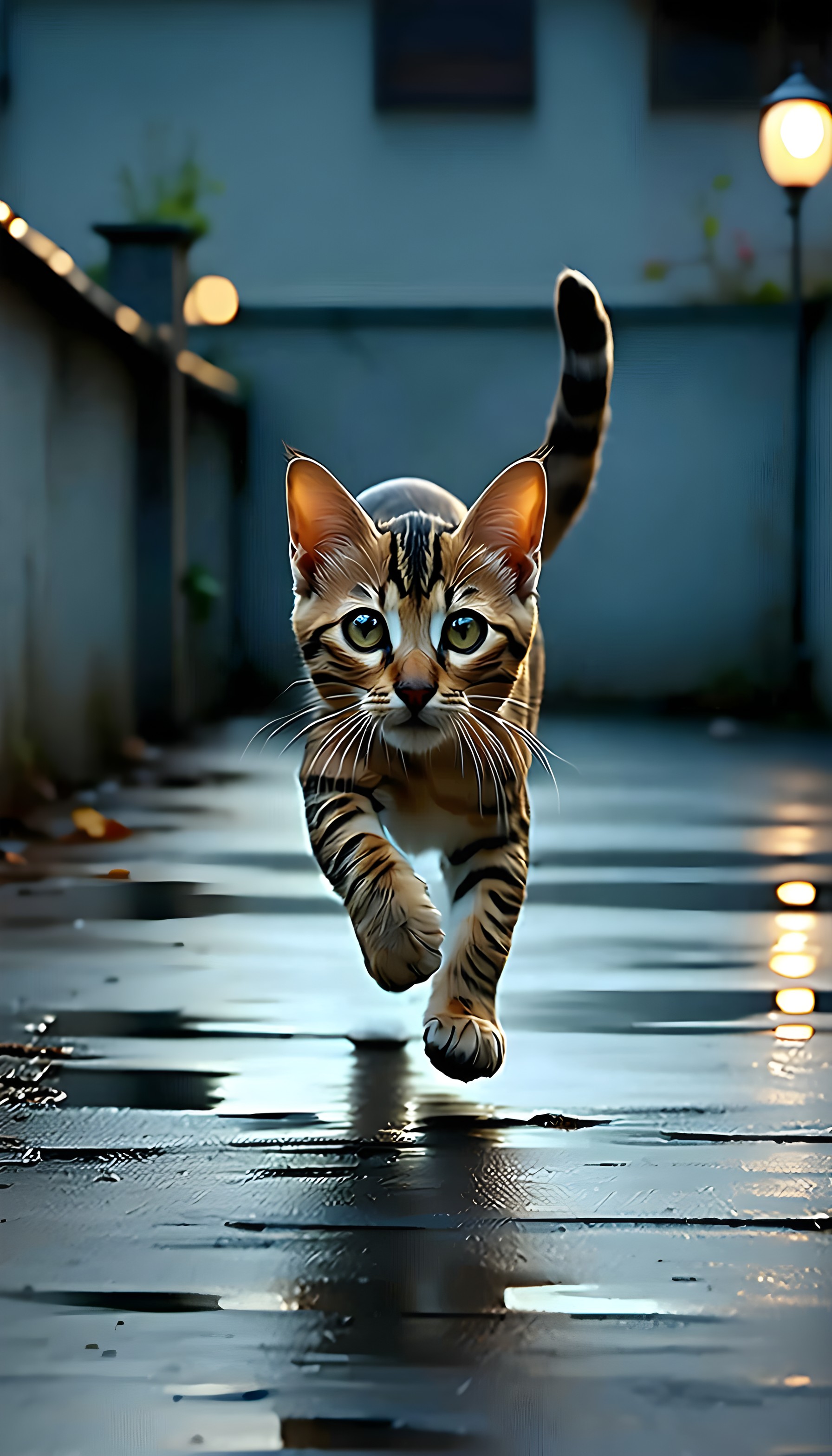 Adorable Striped Cat Night Walk Wet Pavement Wallpaper, cat, kitten, striped cat, cute, night, wet street