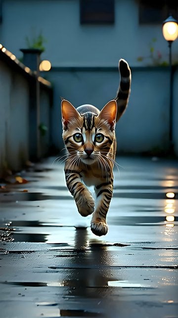 Adorable Striped Cat Night Walk Wet Pavement Wallpaper
