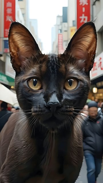 Intriguing Dark Cat Portrait, Urban Japanese Street