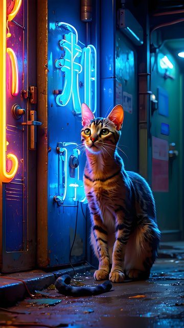 Cyberpunk Tabby Cat Neon Alley Wallpaper