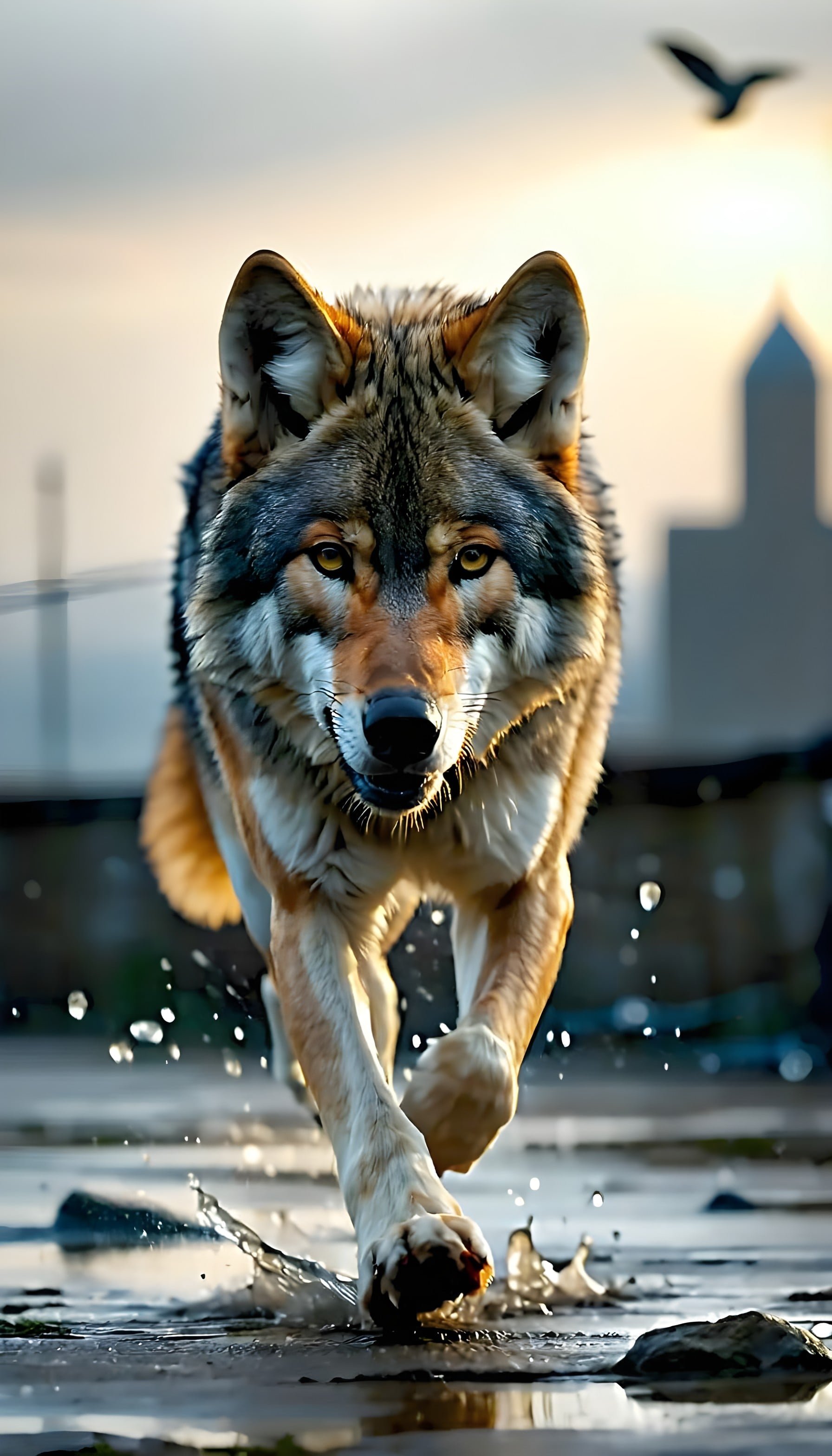 Urban Wolf Running Splash - Golden Hour Wildlife, wolf, wildlife, animal, running, water splash, golden hour