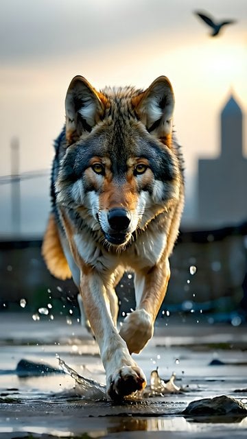 Urban Wolf Running Splash - Golden Hour Wildlife
